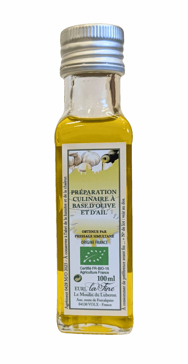 Préparation culinaire à base d'Olive et de Ail Bio - bouteille 100 ml