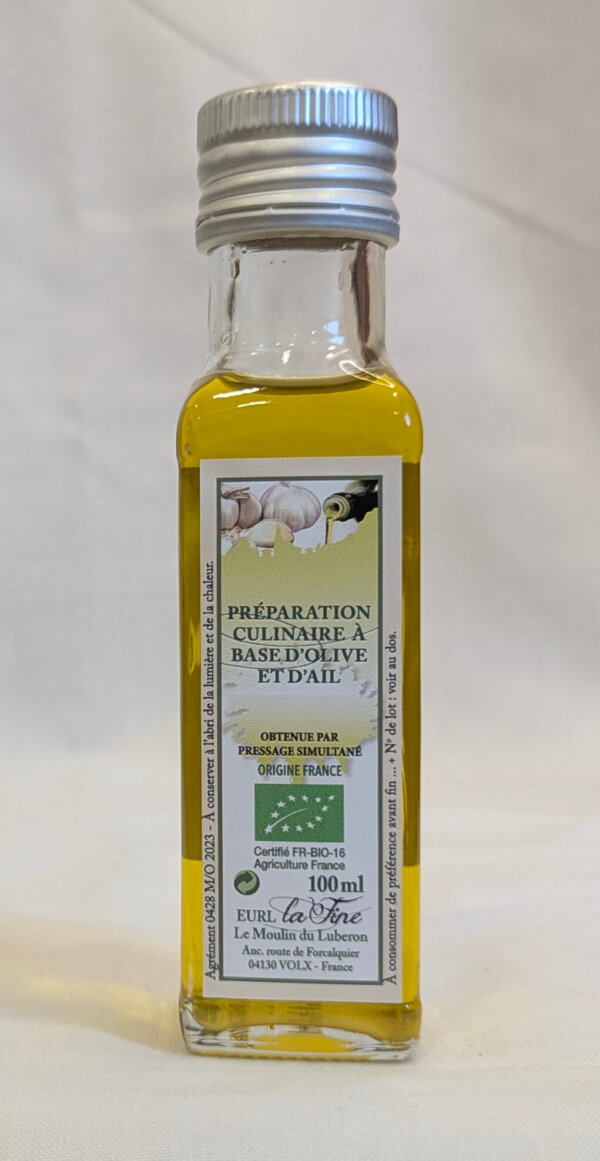 Préparation culinaire à base d'Olive et de Ail Bio - bouteille 100 ml