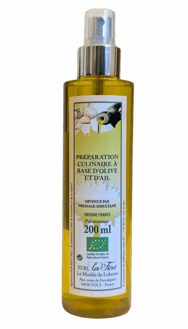 Préparation culinaire à base d'Olive et de Ail Bio - pulvérisateur 200 ml