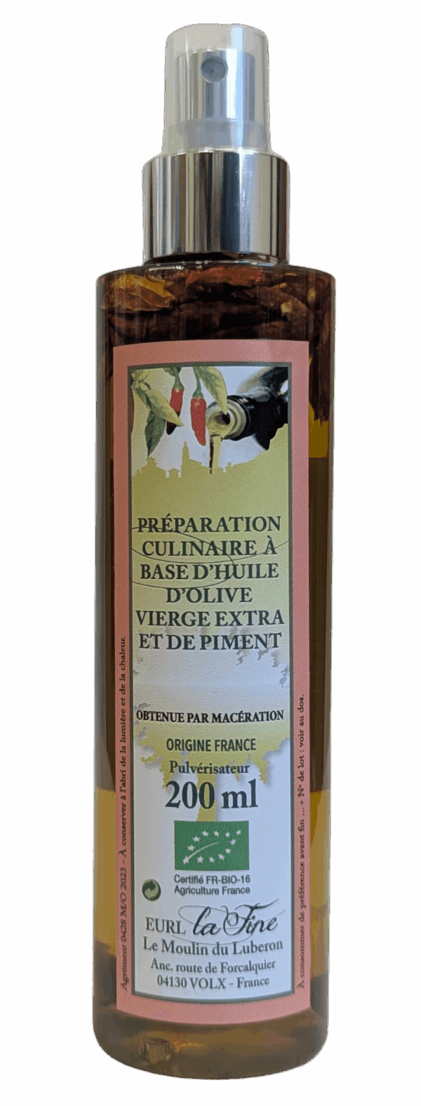 Huile d’Olive Vierge Extra Bio et Piment – pulvérisateur 200 ml