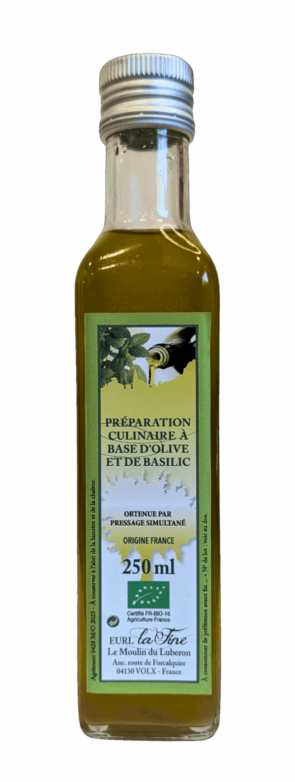 Préparation culinaire à base d'Olive et de Basilic Bio - bouteille 250 ml