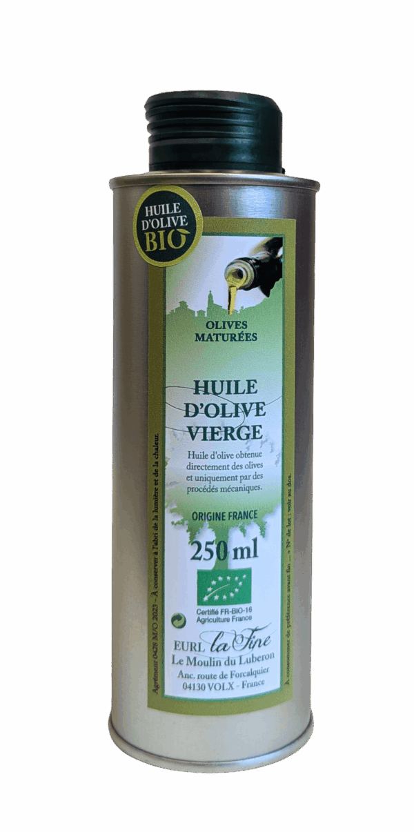Huile d’Olive Vierge  Olives Maturées Bio – bidon alu 250 ml