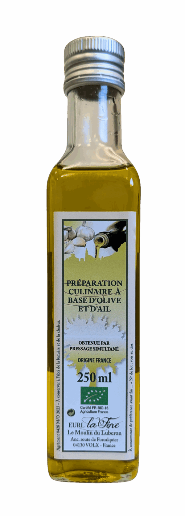 Préparation culinaire à base d'Olive et de Ail Bio - bouteille 250 ml