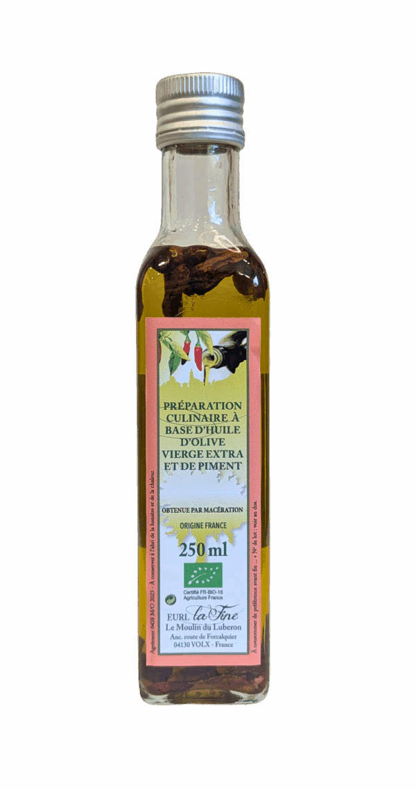 Huile d’Olive Vierge Extra Bio et Piment – bouteille 250 ml